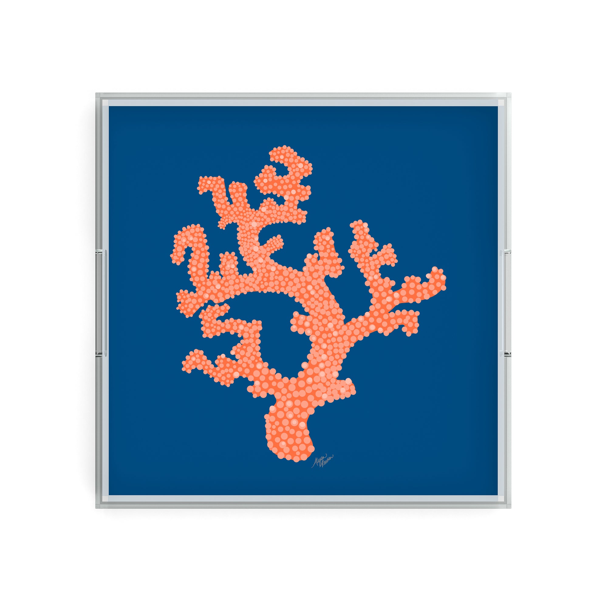 Orange Coral Reef Drinks Tray, Coral Branch Print Orange & Navy Blue