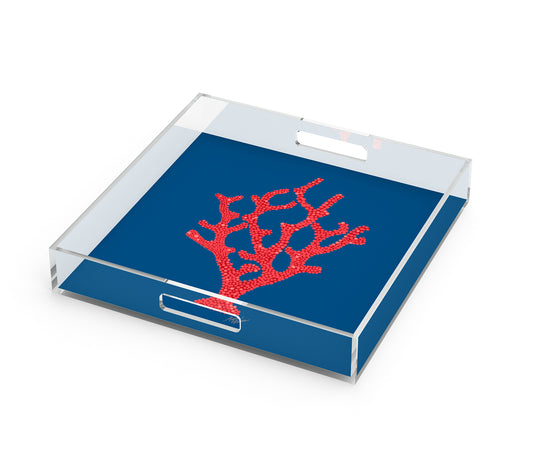 Sea Coral Art Decorative Serving Tray, Red & Navy Blue, 12" x 12"