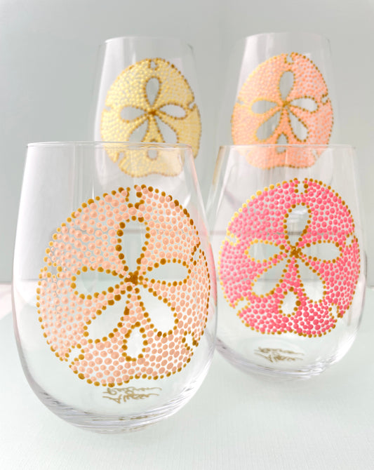 Hand Painted Sand Dollar Stemless Wine Glasses in Cheerful Coastal Colors