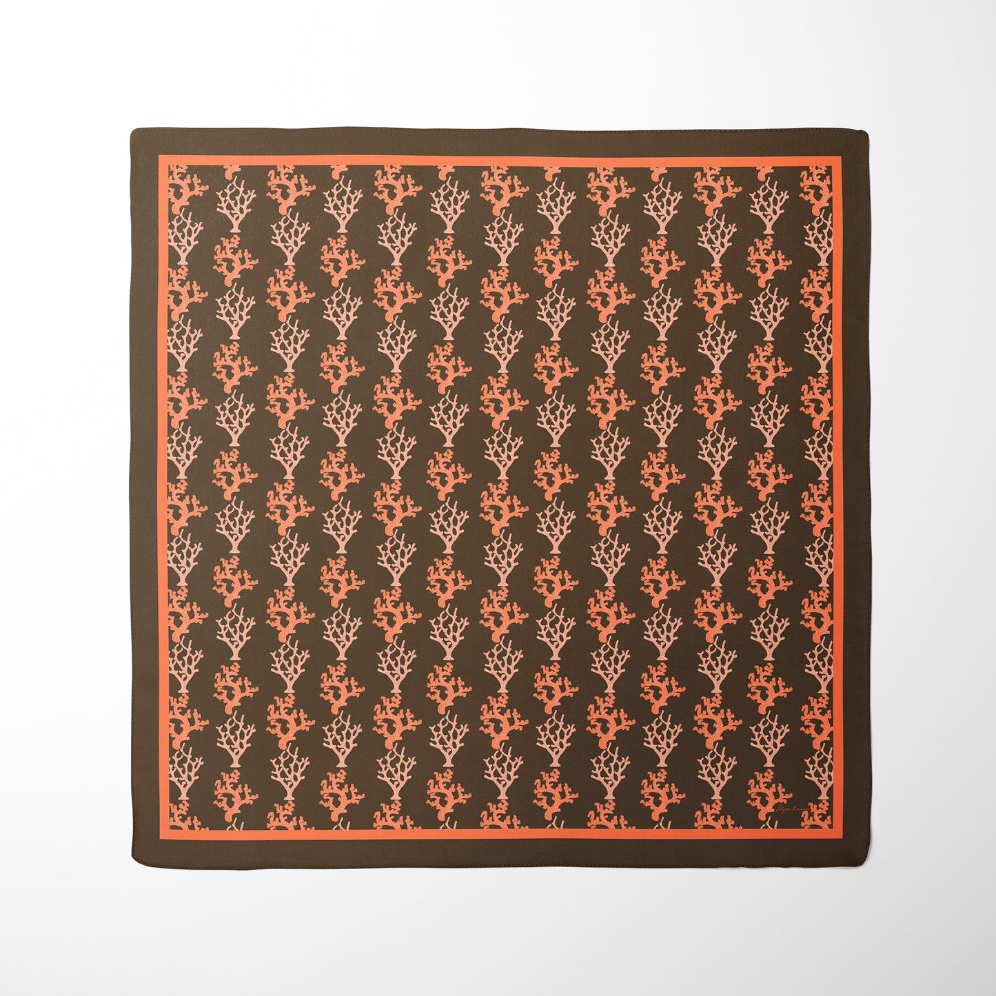 Sea Coral Print Satin Square Scarf, Brown & Orange, Two Sizes