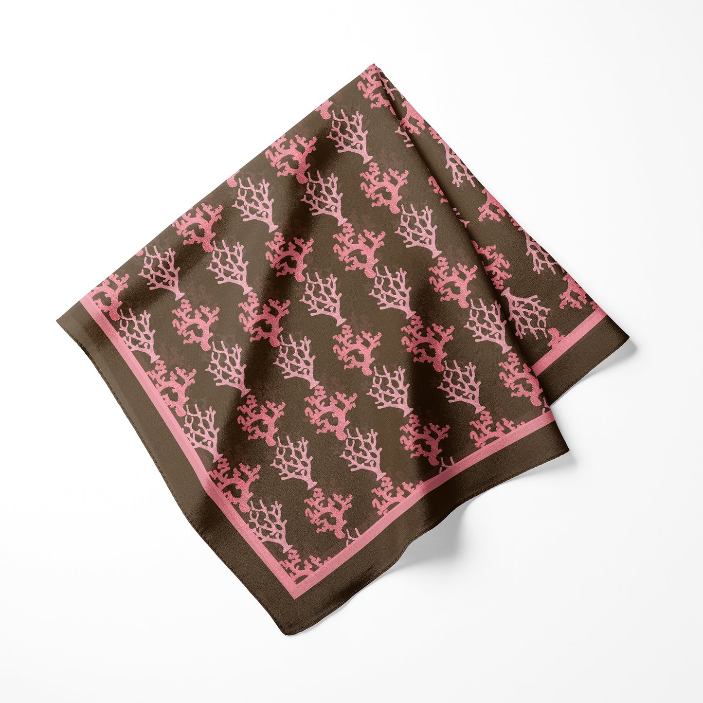 Sea Coral Print Satin Square Scarf, Brown & Pink, Two Sizes