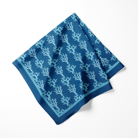 Sea Coral Branches Satin Square Scarf, Navy Blue & Aqua, Two Sizes