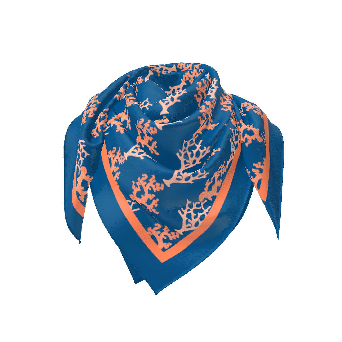 Sea Coral Branches Satin Square Scarf, Navy Blue & Orange, Two Sizes