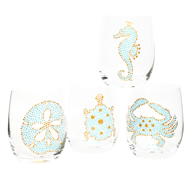 Sea Life Hand Painted Glassware S/4, Pale Turquoise/Gold