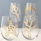 White & Gold Sea Motif Hand Painted Stemless Wine Glasses, Gift Set of Four featuring Sea Life & Sea Shells