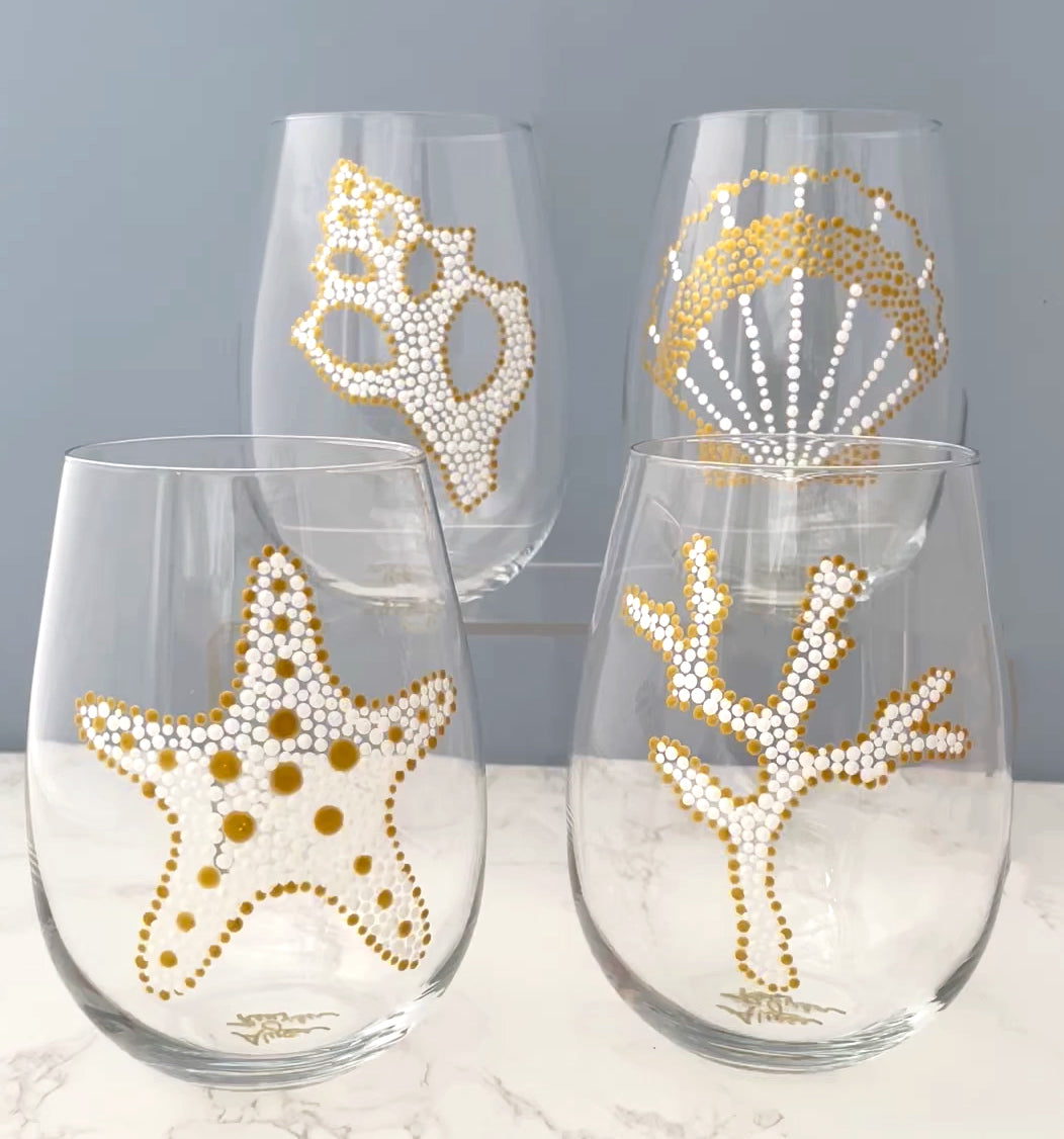 White & Gold Sea Motif Hand Painted Stemless Wine Glasses, Gift Set of Four featuring Sea Life & Sea Shells