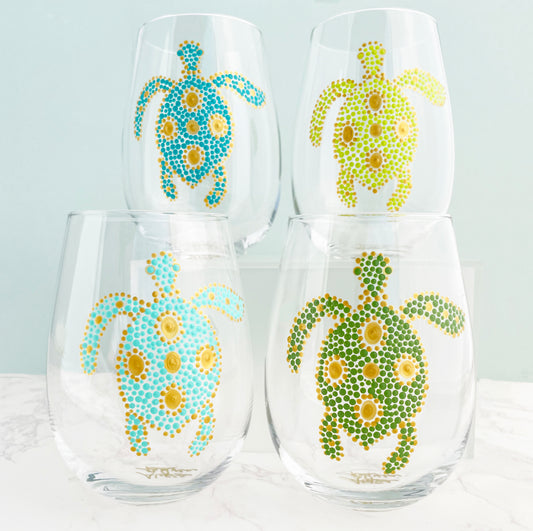 Sea Turtles Hand Painted Wine Glasses in Greens & Blues, by Alyssa Reuven