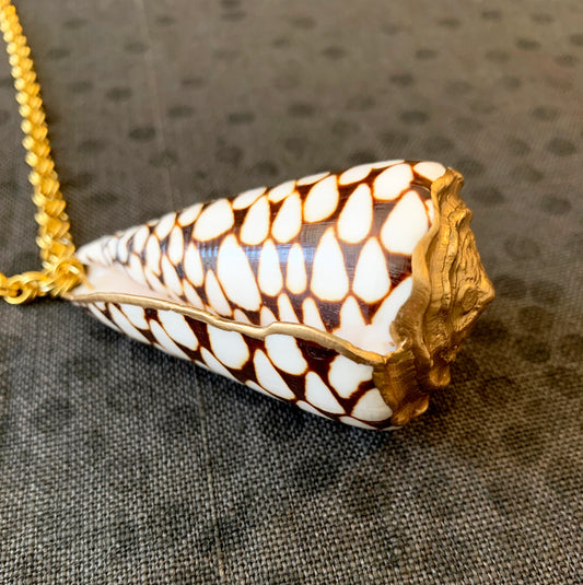 White & Brown Marble Cone Seashell Pendant Necklace, 18K Gold Plated Handmade One of a Kind Jewelry
