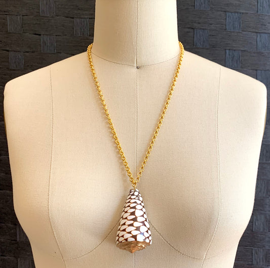 White & Brown Marble Cone Seashell Pendant Necklace, 18K Gold Plated Chain