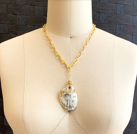Seashell Necklace, Oyster  Drop Pendant on 18K Gold Plated Chunky Chain