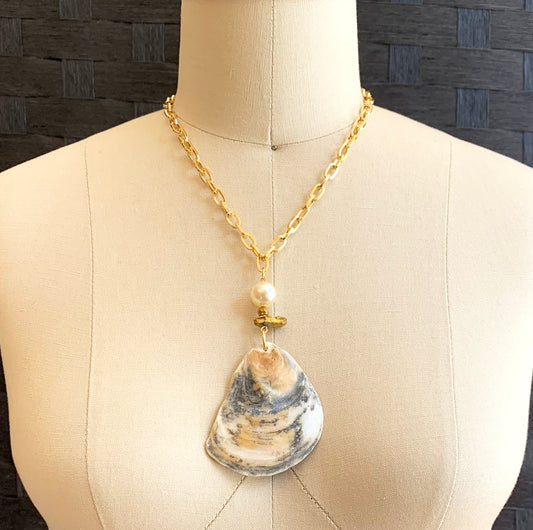 Handmade Oyster & Pearl Seashell Necklace, One of a Kind, 18K Gold Plated Chunky Chain