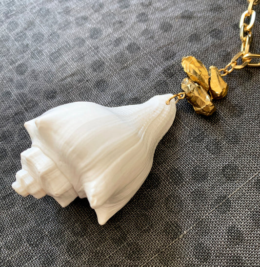 White Conch Seashell Pendant Necklace with Gold Quartz Nugget Beads