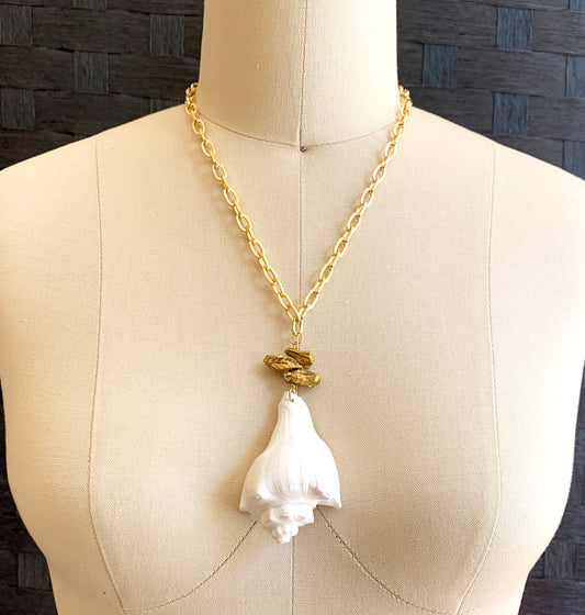 White Conch Shell Necklace with Gold Quartz Nugget Beads, Paperclip 18K Gold Plated Chain