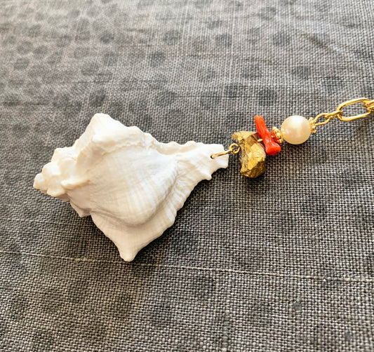 White Conch Seashell Necklace with Pearl, Red Coral & Gold Quartz Beads Handmade Jewelry One of a Kind