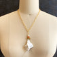 Handmade Necklace - White Conch Seashell Necklace with Pearl, Red Coral & Gold Quartz Beads, 18K Gold Plated Paperclip Chain