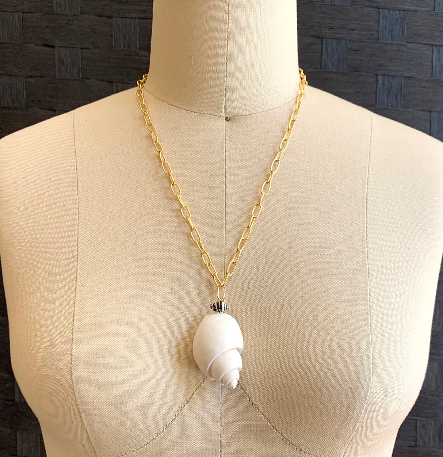 White Tulip Seashell Necklace with Black & White Striped Shell Charm, 18K Gold Plated Paperclip Chain