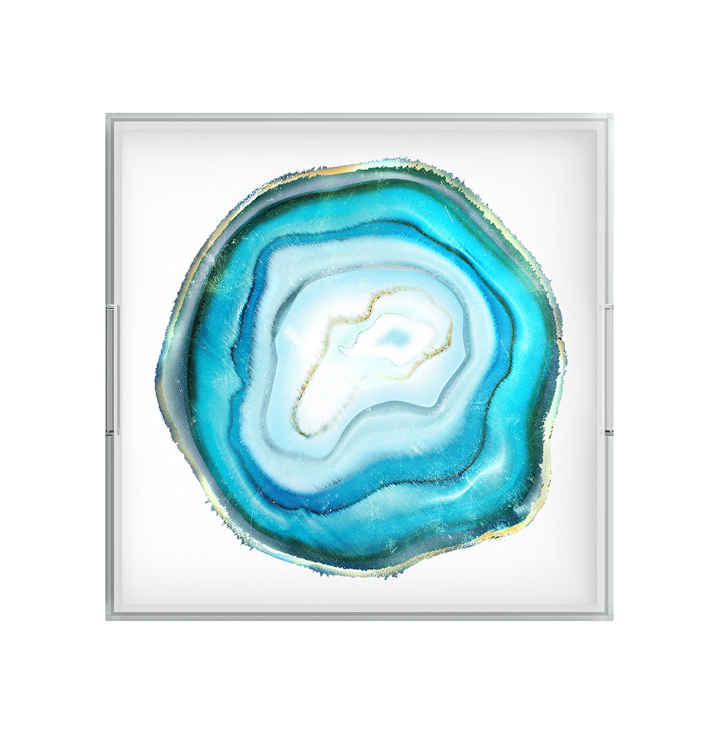 Teal Blue Agate Slice Lucite Acrylic Tray, 12" x 12" Drink Carrier Tray