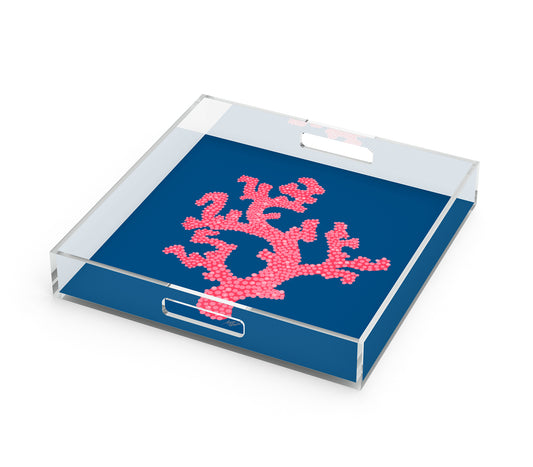 Sea Coral Art Decorative Serving Tray, Tropical Pink & Navy Blue, 12" x 12"