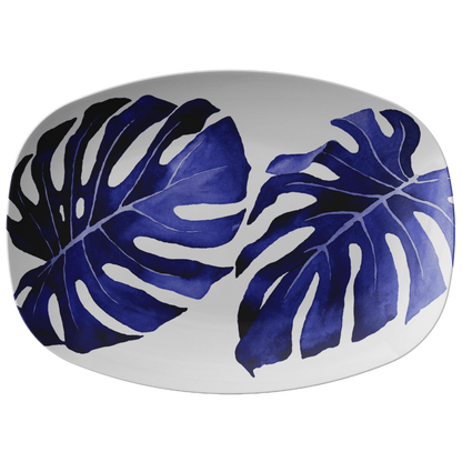 Cobalt Indigo Blue Serving Platter with Monstera Palm Leaf design motif print