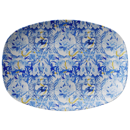 Chinoiserie Jungle Print Serving Platter, Blue & White features tigers, flowers and gold chains
