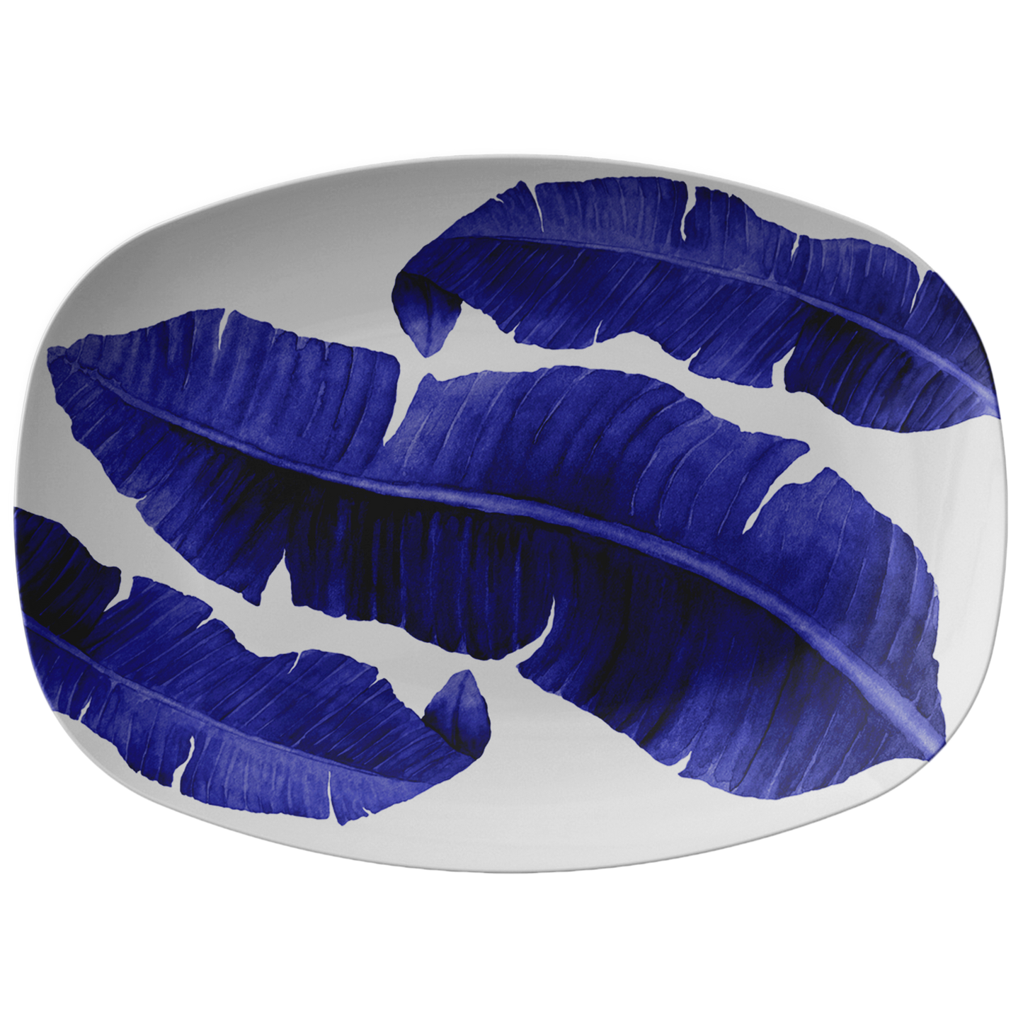 Banana Leaves Serving Platter, Navy Blue & White