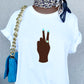 Peace Sign print t-shirt for women. Classic crewneck short sleeve tee features a hand wearing a glamorous aqua ring and a fabulous light blue manicure showing the peace sign. Fantastic gift for her.