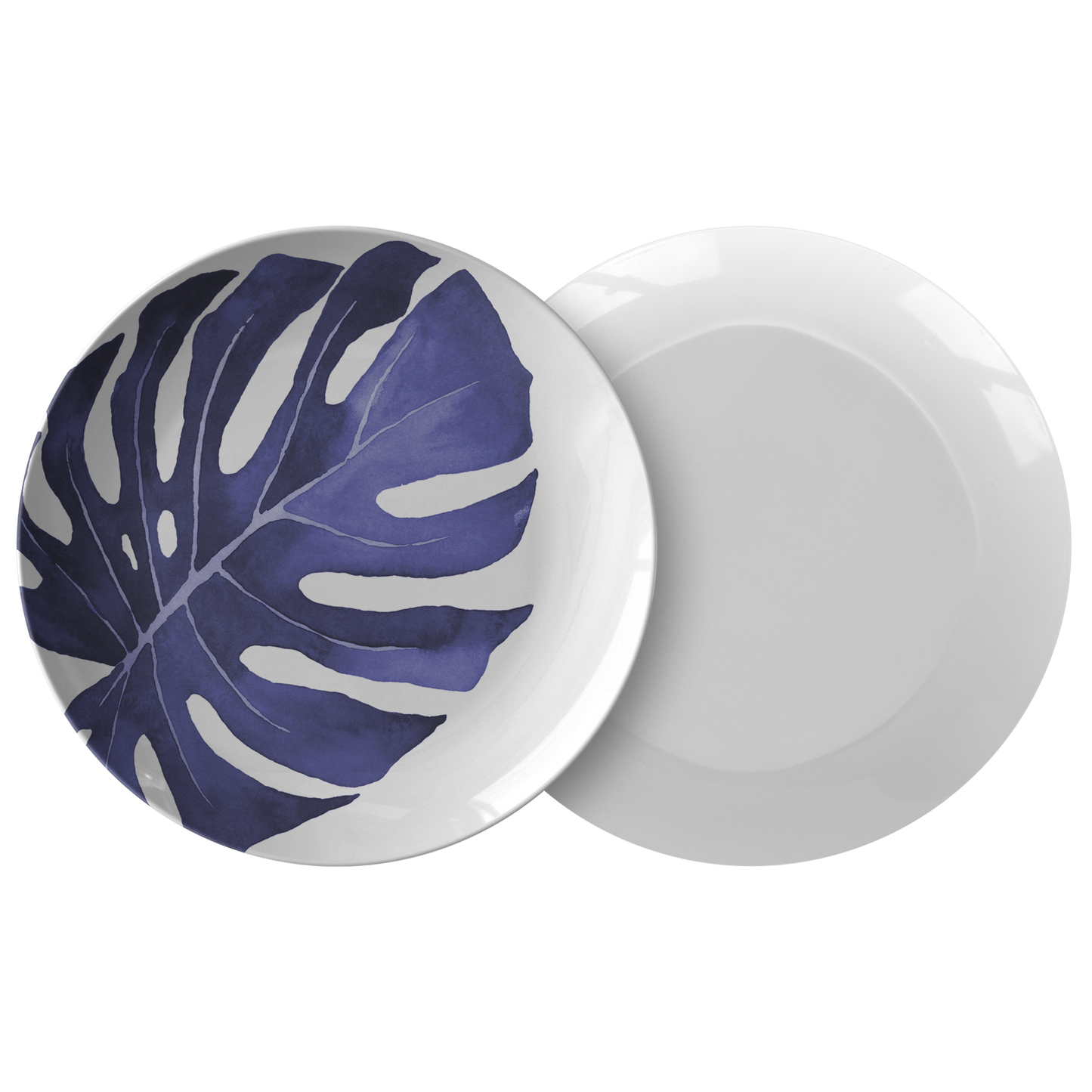 Modern Monstera Leaf Navy Blue & White Plastic Plate Set